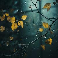 autumn leaves on the window of a rainy day generative ai photo