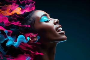 beautiful african american woman with colorful smoke in her hair generative ai photo