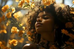 beautiful african american woman surrounded by yellow flowers generative ai photo