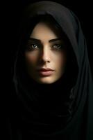 hermosa Arábica mujer en negro velo en negro antecedentes generativo ai foto