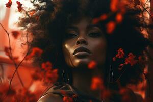 beautiful african american woman with red flowers generative ai photo