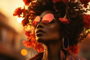 beautiful african american woman with red flowers in her hair generative ai photo