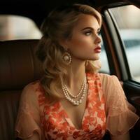 beautiful blonde woman sitting in the back seat of a car generative ai photo