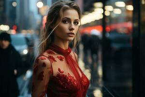 beautiful blonde woman in red dress standing in the rain generative ai photo