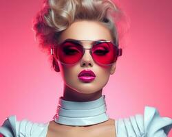 beautiful blonde woman wearing sunglasses and red lipstick on a pink background generative ai photo