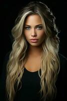 beautiful blonde woman with long wavy hair on black background generative ai photo