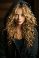 beautiful blonde woman with long wavy hair in a hooded jacket generative ai photo