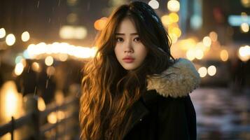 beautiful girl with long hair standing in the rain at night generative ai photo