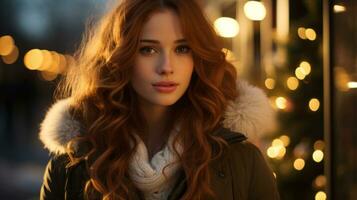 beautiful red haired woman in winter coat by christmas lights generative ai photo