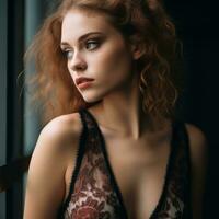 beautiful redhead woman in lingerie looking out the window generative ai photo