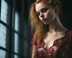 beautiful redhead woman in red dress standing in front of window generative ai photo