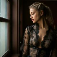 beautiful woman in black lace lingerie looking out the window generative ai photo