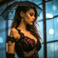 hermosa mujer en negro lencería con un paraguas en el lluvia generativo ai foto