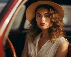 beautiful woman in hat sitting in car generative ai photo