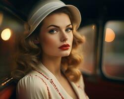 hermosa mujer en Clásico coche con rojo lápiz labial y sombrero generativo ai foto