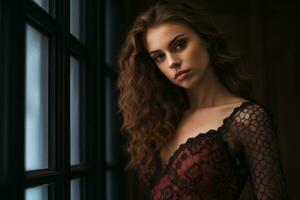 beautiful woman in red lace dress standing by window generative ai photo