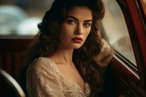 beautiful woman in vintage car generative ai photo