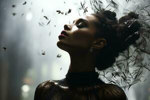 beautiful woman in black dress with birds flying around her generative ai photo