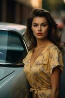 beautiful woman in yellow dress leaning against a classic car generative ai photo