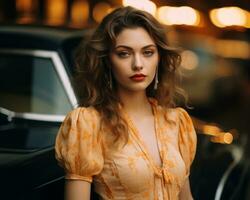 beautiful woman in yellow dress posing by car at night generative ai photo