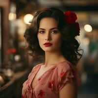 beautiful woman with red flowers in her hair generative ai photo