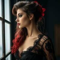 beautiful woman with red hair and black dress looking out the window generative ai photo