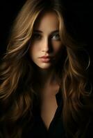 beautiful woman with long wavy hair on black background generative ai photo