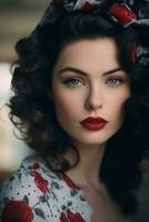hermosa mujer con rojo lápiz labial y floral venda generativo ai foto