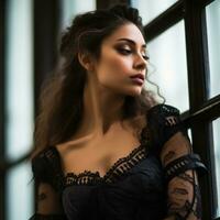 beautiful young woman in black dress looking out the window generative ai photo