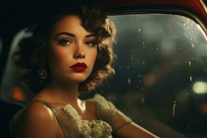 hermosa mujer con rojo lápiz labial sentado en un coche generativo ai foto