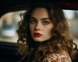 beautiful woman with red lipstick sitting in a car generative ai photo