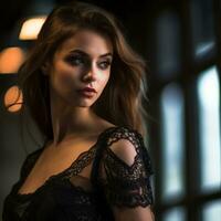 beautiful young woman in black lace dress generative ai photo