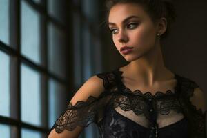 beautiful young woman in black lace dress looking away from the camera generative ai photo