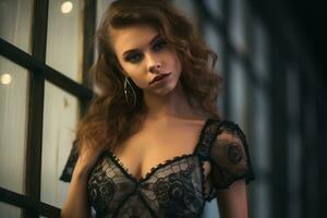 beautiful young woman in black lace lingerie standing in front of window generative ai photo