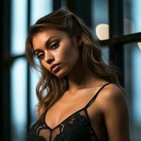 beautiful young woman in black lingerie posing in front of window generative ai photo