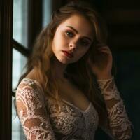 beautiful young woman in lace dress by the window generative ai photo