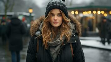 beautiful young woman in winter coat and hat in the snow generative ai photo