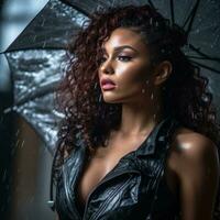 beautiful young woman with curly hair and black leather jacket in the rain generative ai photo