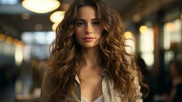 beautiful young woman with long curly hair generative ai photo