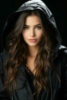 beautiful young woman with long hair in a black jacket generative ai photo