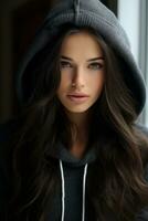 beautiful young woman with long dark hair wearing a hoodie generative ai photo