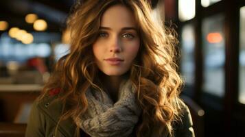 beautiful young woman with long wavy hair and scarf looking at the camera generative ai photo