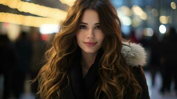 beautiful young woman with long wavy hair in the city at night generative ai photo