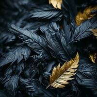 black and gold feathers on a dark background generative ai photo