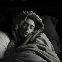 black and white photo of a woman sleeping in bed generative ai