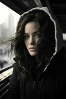 black and white photo of a woman in a hoodie generative ai