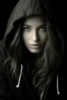 black and white photo of a woman in a hoodie generative ai