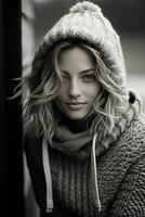 black and white photo of a woman in a sweater generative ai