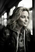 black and white photo of a woman on a train generative ai