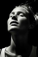black and white photo of a woman with her eyes closed generative ai